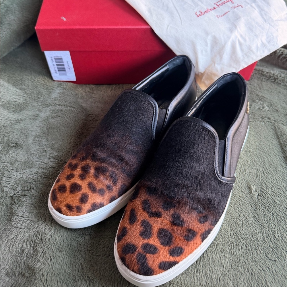 Salvatore Ferragamo Black and Leopard Slip-On Shoes